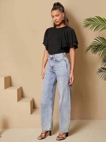 SHEIN Tall Solid Color Ruffle Sleeve Slim Fit Bodysuit