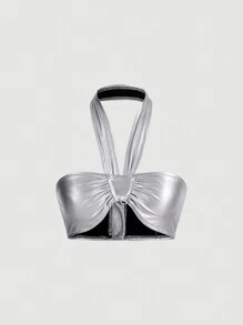 SHEIN ICON 女性Y2K性感金屬質感修身極短款露腹背心，夏季必備 - 銀色 - 查看 1