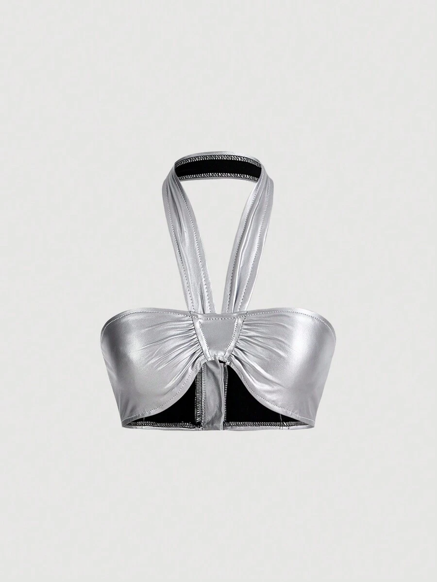 SHEIN ICON 女性Y2K性感金屬質感修身極短款露腹背心，夏季必備 - 銀色 - 查看 1