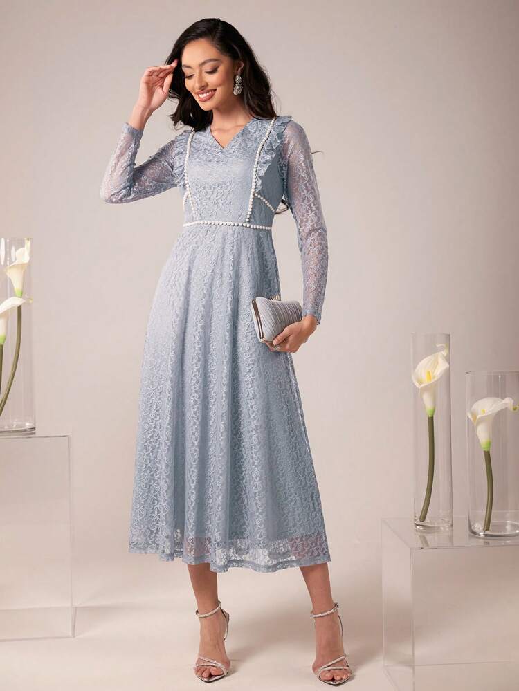 Women'S Pearl Studded Lace Dress