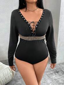 Flirla Plus Size Deep V-Neck Lace Up Floral Bodysuit Fall Cloth For Women - Black - View 4