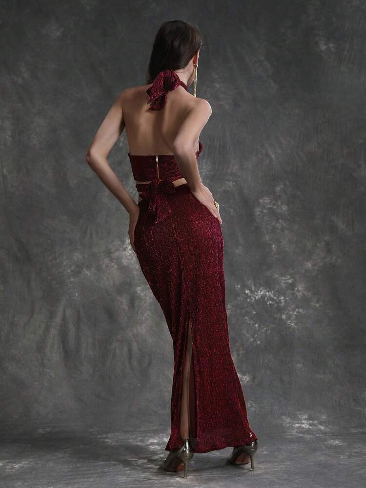 Women's Sleeveless Halter Top And Bodycon Skirt Two Piece Set