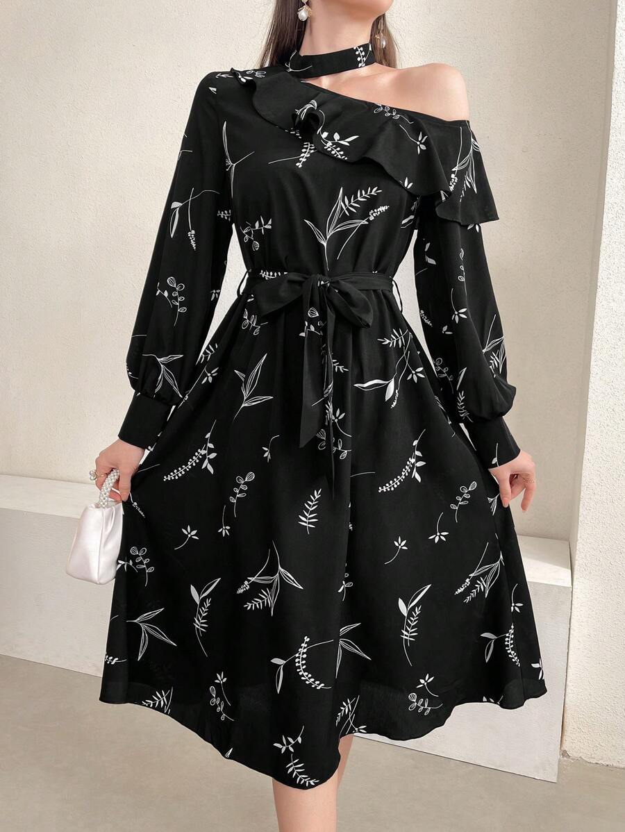 Modelyn 女式不对称领口植物印花长袖连衣裙长款女装 - 黑色 - 查看 1