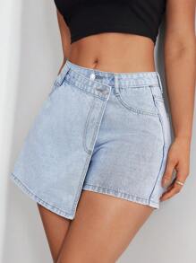 SHEIN EZwear Women's Asymmetrical Hem Denim Skorts - Light Wash - View 1