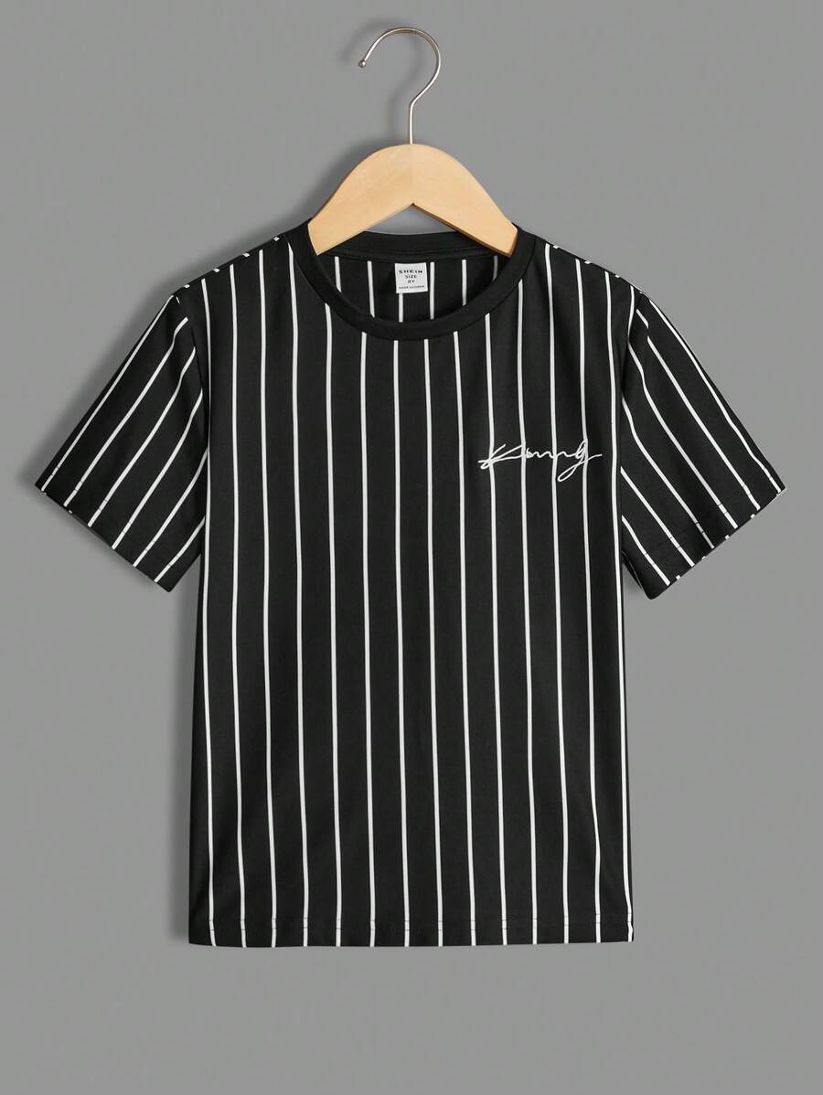 SHEIN Tween Boys' Fashionable Casual Striped Letter Summer T-Shirt