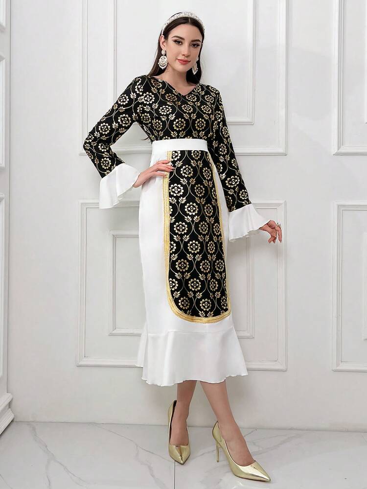 Women's Gold Foil Floral Print Bell Sleeve Dress