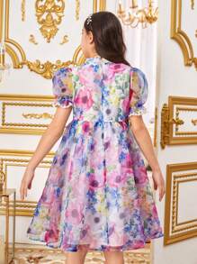 SHEIN Robe à col montant mignon de style vintage de palais imprimée de fleurs à manches bouffantes pour jeunes filles - Rose vif - Voir 3