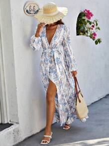 Breezaya 小碎花印花灯笼袖系带连衣裙 - 藍白色 - 查看 3