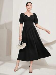 Modelyn Vestido largo de mujer estilo línea A con cintura adornada con perlas - Negro - Ver 3