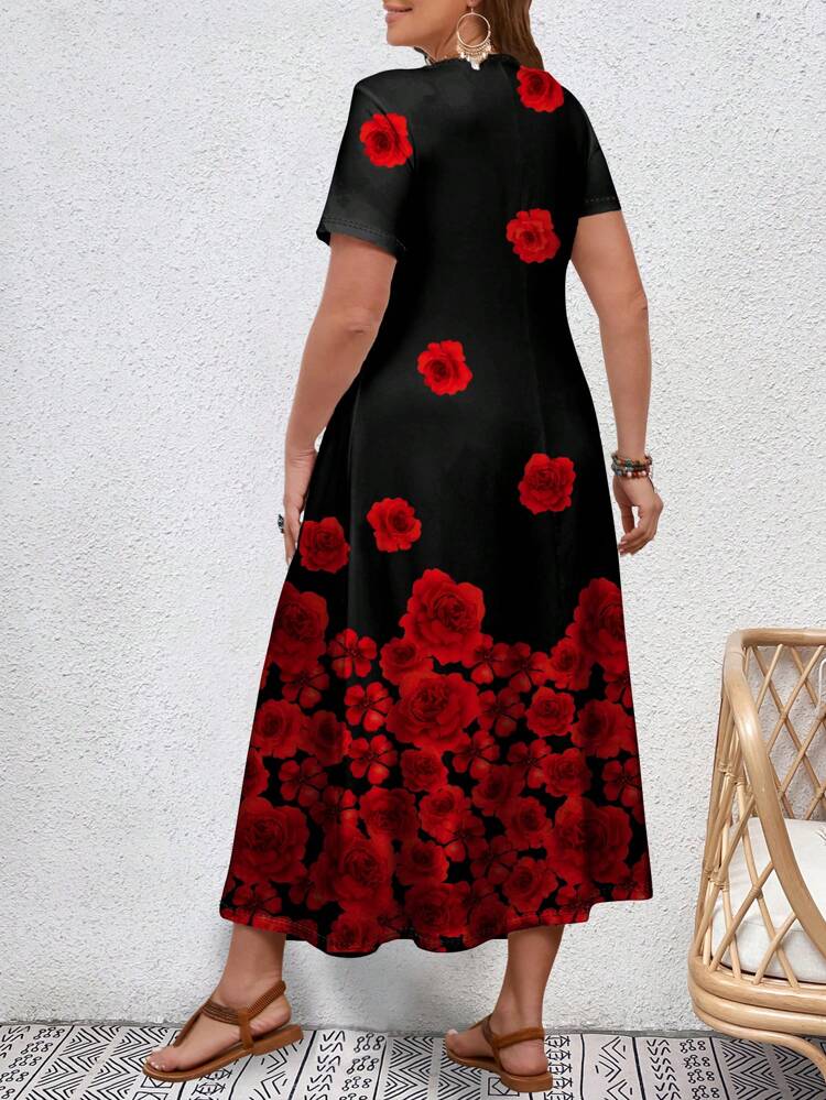 Plus Size Women Valentine's Day Rose Floral Print Short Sleeve Long Slim-Fit Dress, Summer,Flower/Vacation/Spring