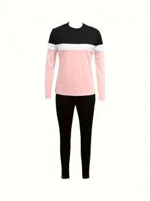 春秋款撞色长袖上衣和裤子休闲套装