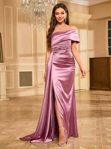 Sequined Satin Floor-Length Evening Gown Elegant Formal Prom Wedding Guest Dress, For Graduation, Dinner - Pink - View 4