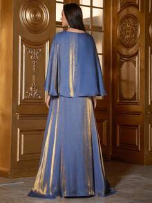 Embroidered Cape Sleeve Dress With Applique - Blue - View 2