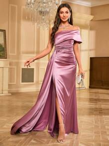 Sequined Satin Floor-Length Evening Gown Elegant Formal Prom Wedding Guest Dress, For Graduation, Dinner - Pink - View 7
