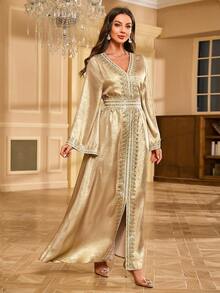 Long Sleeve Embroidered Lace High Slit Dress - Champagne - View 6