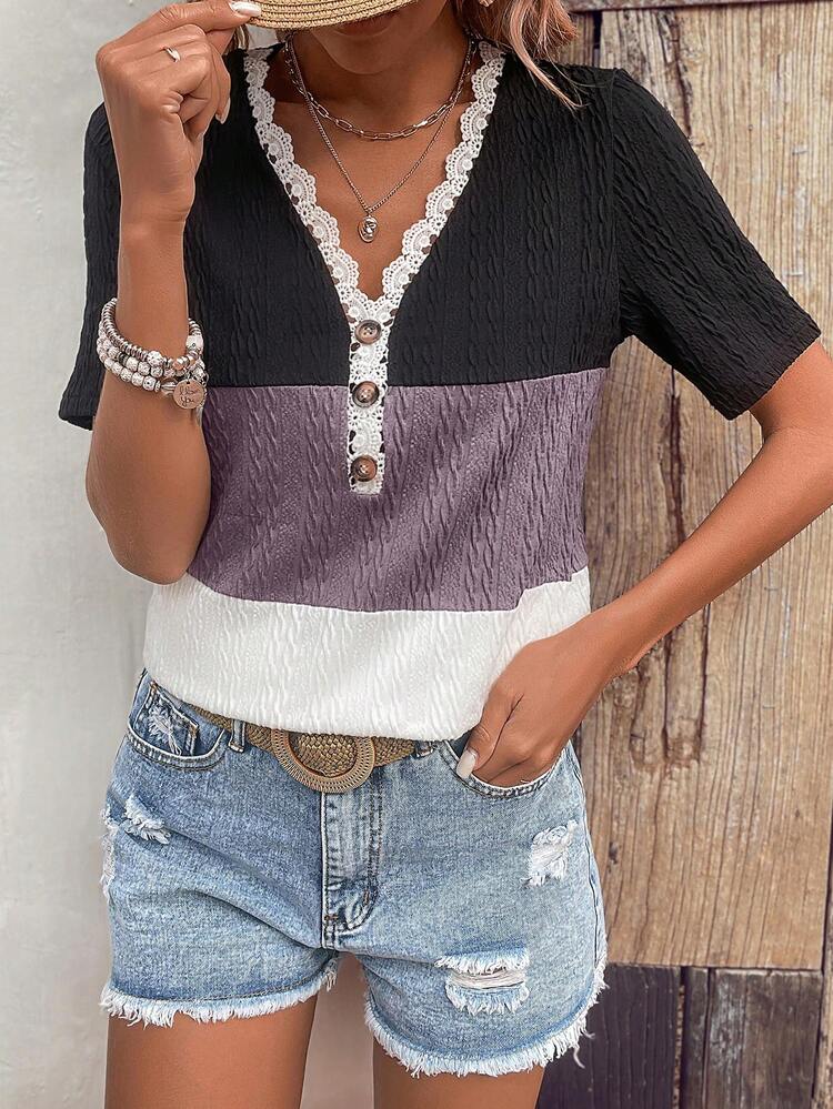 Women's Colorblocked Lace Trim Tee
