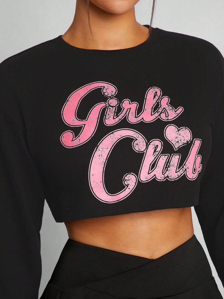 Loose Fit Letter Print Long Sleeve Cut-Out T-Shirt