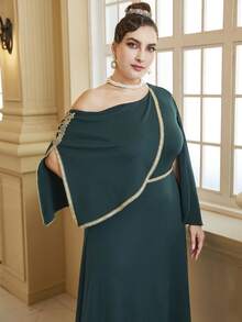 Plus Size Women Patchwork Ribbon Detail Asymmetric Collar Dress - Green - View 5