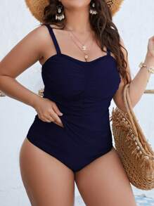 Swim Lushoire Summer Beach Plus Size Women's Solid Color Pleated Cami Tankini Top