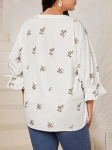 Mulvari Plus Size Floral Print Shirt With Notched Collar And Ruffled Sleeves - White - View 2