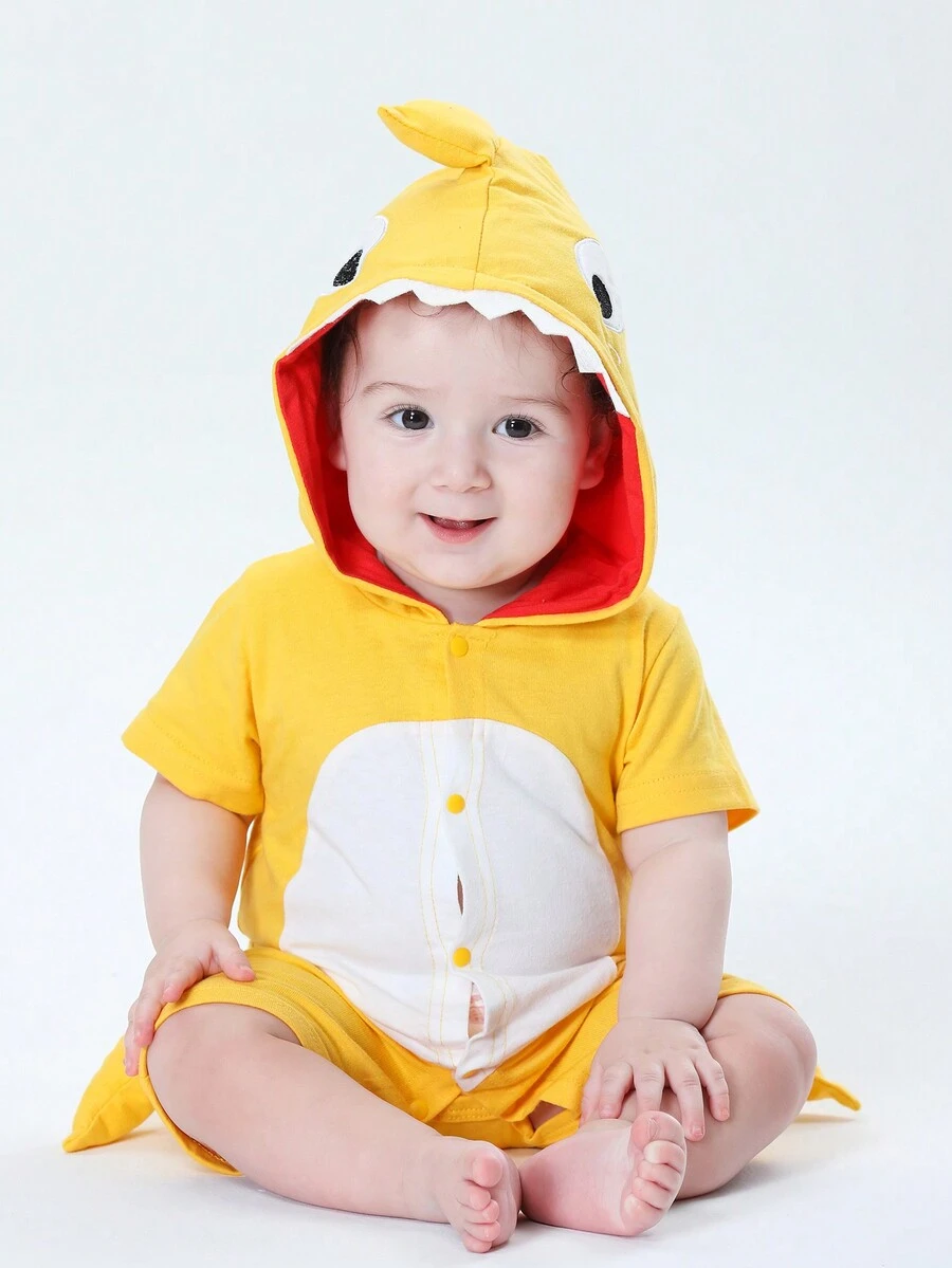 SHEIN Conjunto De Cosplay De Disfraz De Tiburón 3d Para Bebé Con Diseño De Aletas De Pez - Amarillo - Ver 1