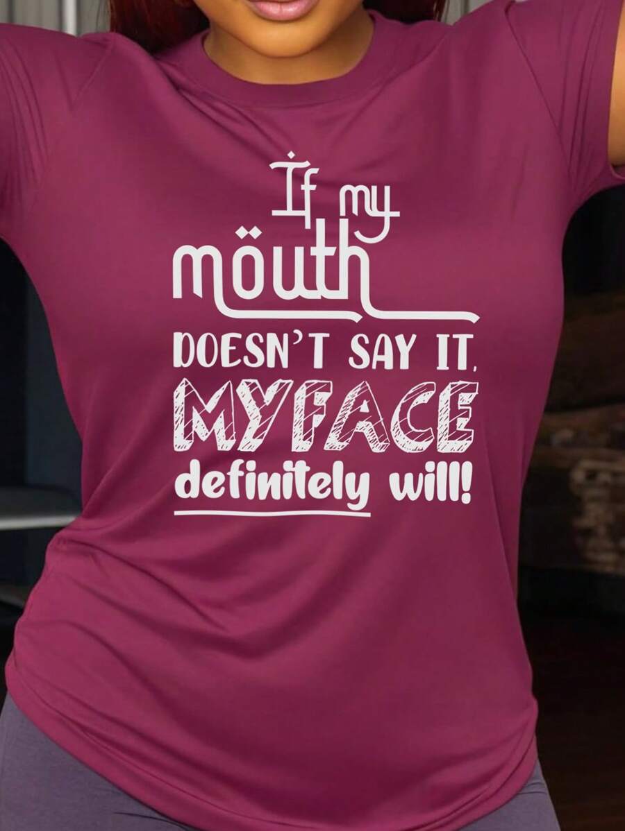 SHEIN Slayr 女款標語印花圓領短袖 T 卹 - 酒紅色 - 查看 1