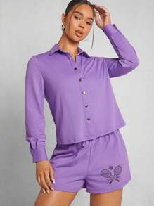 Hauture Tennis Graphic Top & Shorts & Shirt Three Pieces Set - Purple - View 8