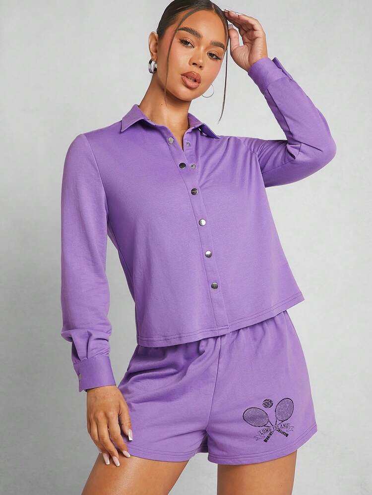 Tennis Graphic Top & Shorts & Shirt Three Pieces Set