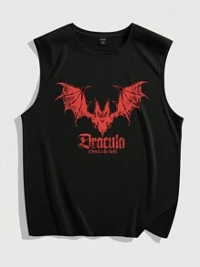 ROMWE MEN Street Life Men  Bat & Letter Graphic Tank Top For Halloween, School - Black - View 1