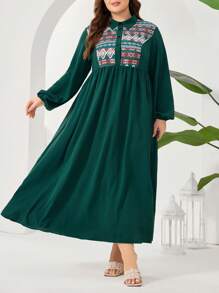 Al Najma 大碼幾何印花燈籠袖連衣裙 - 墨綠色 - 查看 1