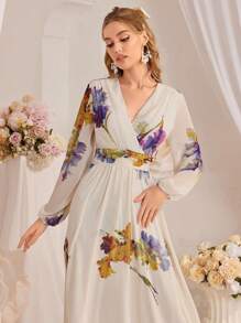 Đầm dài co giãn in hoa cho nữ - Màu be - Xem 6