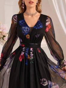 Women's Elegant Floral Print Ruffle Sleeve Mesh High Slit Dress, Spring/Summer - Black - View 4