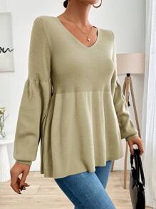 RueChic Women's Solid Color V-Neck Lantern Sleeve Sweater Pullover