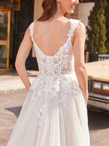 Sparkling Sequin Embroidered Patchwork Mermaid Wedding Dress - Beige - View 3