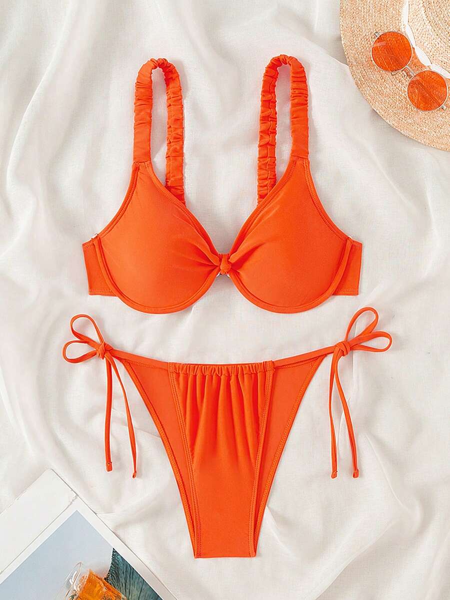 SHEIN Swim Solid Summer Beach V-Neck Bikini Set Bathing Suit - Orange - View 1
