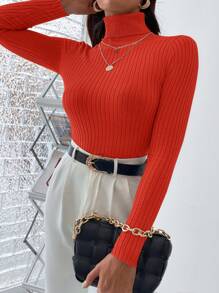 SHEIN Cottnline Women's Solid Color High Neck Long Sleeve Sweater Pullover - Orange - View 3