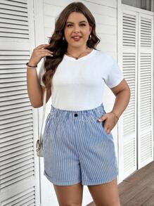 SHEIN LUNE Plus Size Women's Summer Easter Casual Blue & White Striped Shorts