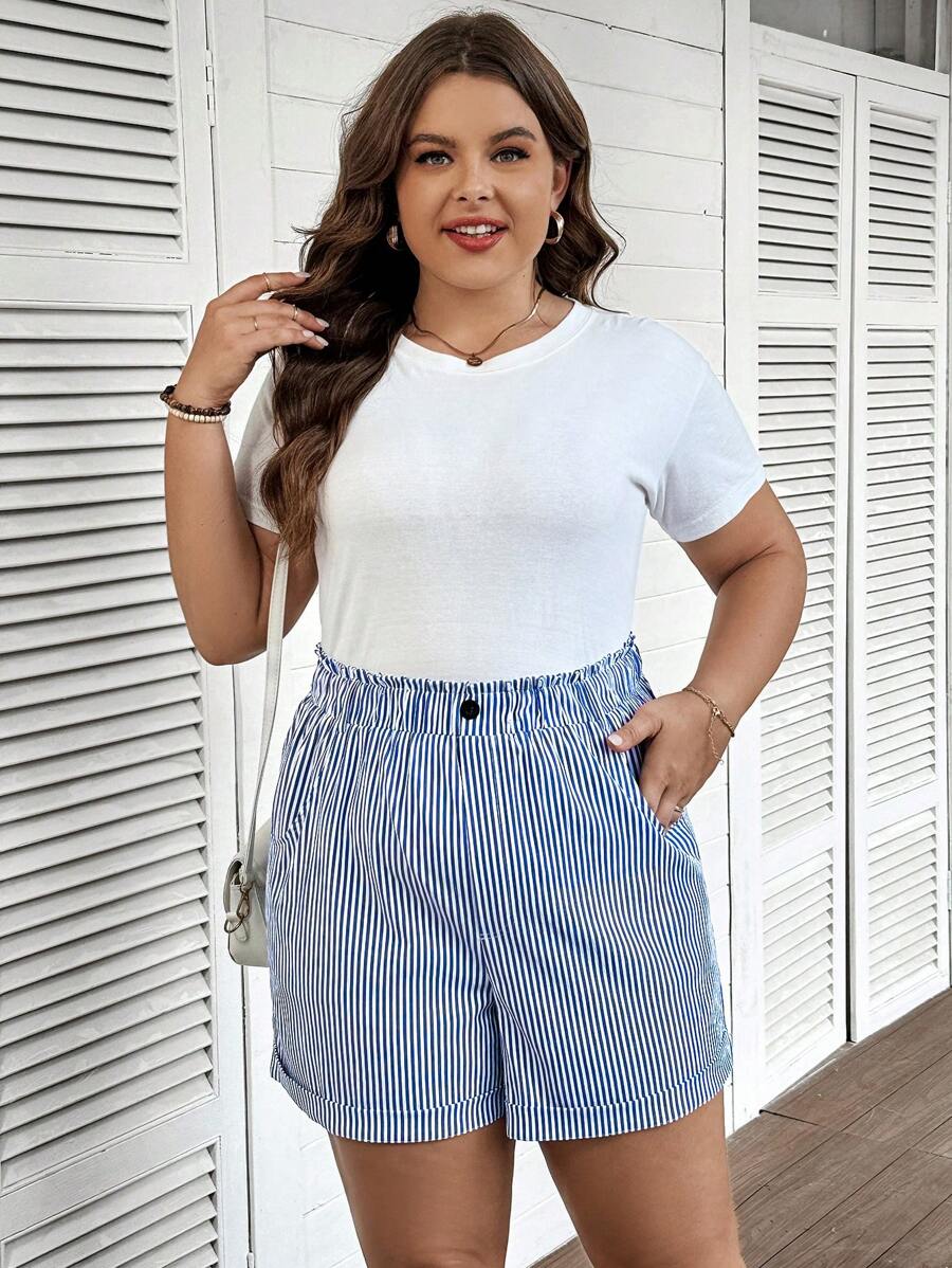 SHEIN LUNE Plus Size Women's Summer Easter Casual Blue & White Striped Shorts