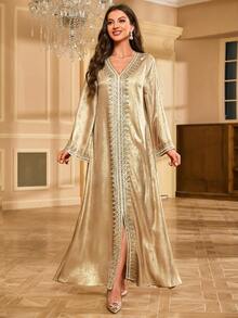 Long Sleeve Embroidered Lace High Slit Dress - Champagne - View 4