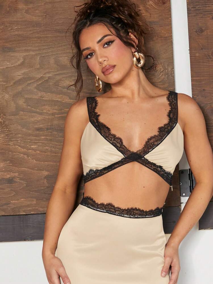 Elegant & Sexy Contrast Color Lace Trim Cropped Camisole