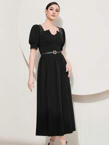 Modelyn Vestido largo de mujer estilo línea A con cintura adornada con perlas - Negro - Ver 4