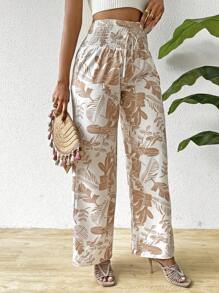SHEIN Slayr Pantalones De Pierna Ancha De Cintura Alta Para Mujer Con Estampado De Plantas Tropicales