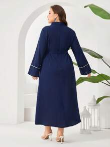 Al Najma Plus Size Women's Floral Applique Decorated Bell Sleeve Arabic Clothing Kaftan Jalabiya Dress - Navy Blue - View 2