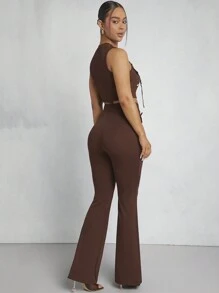 SHEIN Unity Ensemble deux pièces avec Top et pantalon avec boucle et poche - Marron - Voir 2