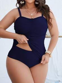 Swim Lushoire Summer Beach Plus Size Women's Solid Color Pleated Cami Tankini Top