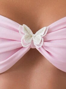 SHEIN Swim Summer Beach Women's Butterfly Embroidery Halter Bikini Set - Pink - View 5