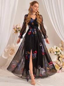 Women's Elegant Floral Print Ruffle Sleeve Mesh High Slit Dress, Spring/Summer - Black - View 1