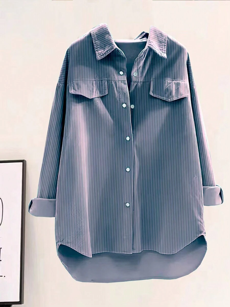 Women's Casual Solid Color Drop Shoulder Long Sleeve Shirt, Autumn