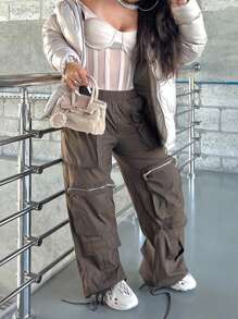 Pantalones Y2k De Estilo Callejero Con Cintura Elástica, Cremallera Decorativa, Multi-bolsillos, Cordón De Ajuste, Dobladillo De Pierna Ancha Y Estilo De Carguero. - Marrón - Ver 5