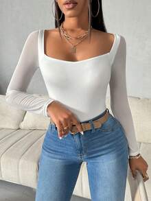 SHEIN Essnce 女士撞色网眼长袖鸡心领T恤 - 白色 - 查看 5